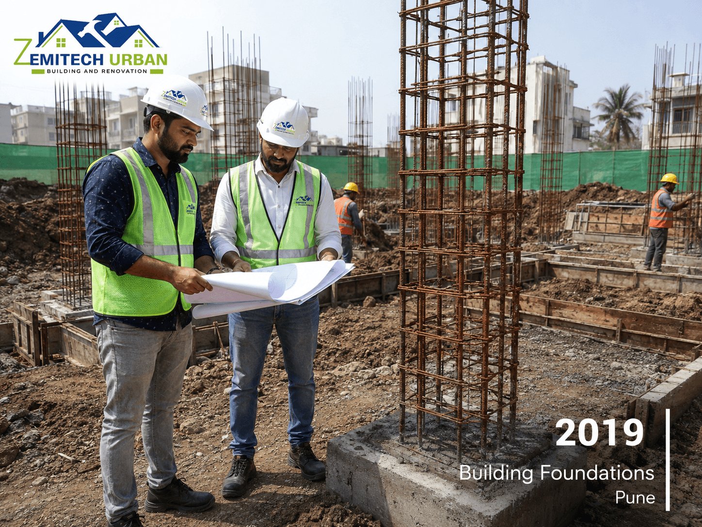 Zemitech Urban founding team on a residential construction site in Narhe, Pune, 2019